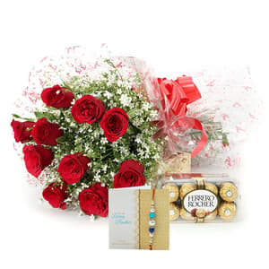 Rakhi with 12 Red Roses and 16Pcs Ferrero Rocher Chocolates